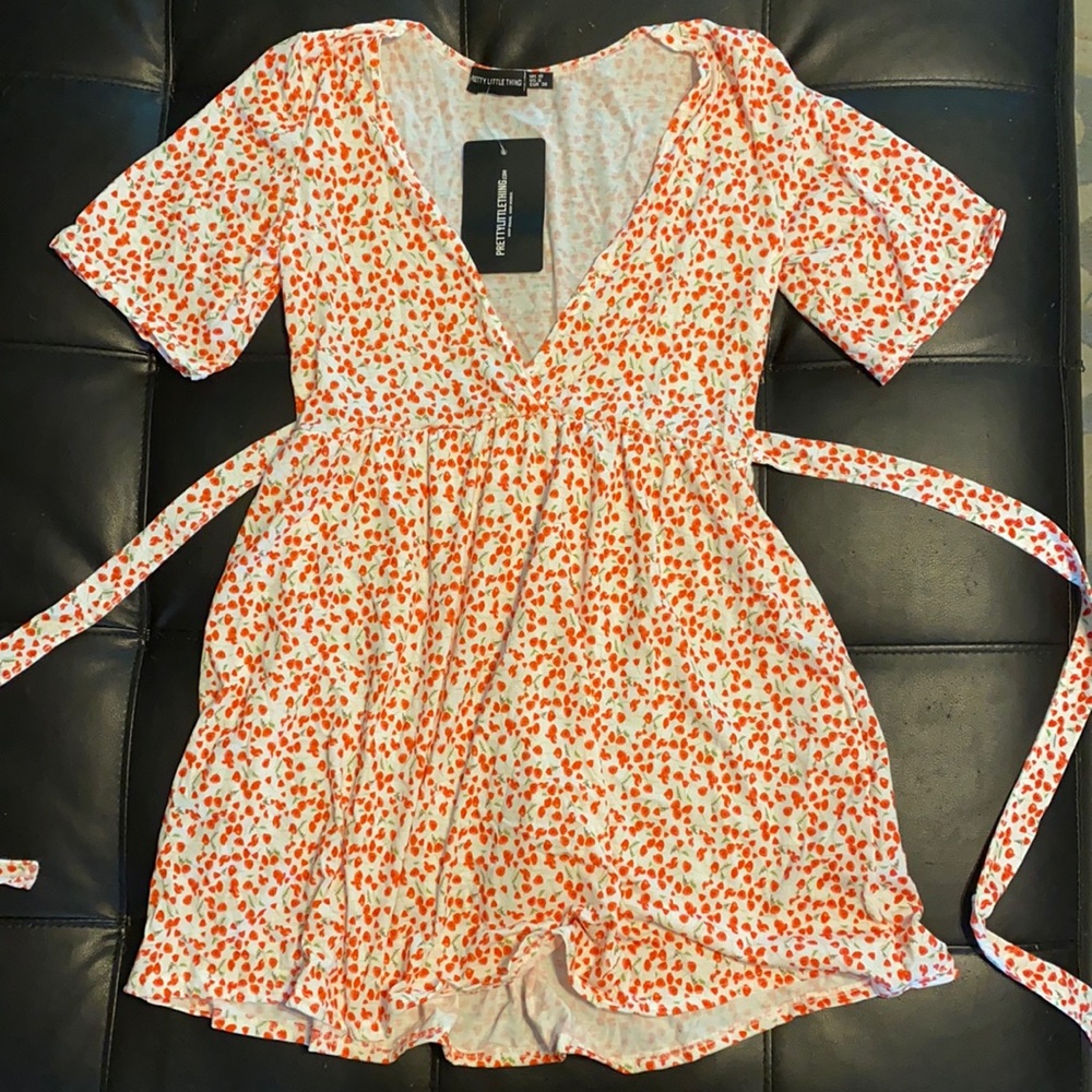 pyt white floral dress with red flowers